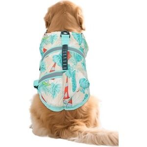 Dog Life Vest Tropical Print Reflective Strips Paw Print Safety Buoyancy Aid MED